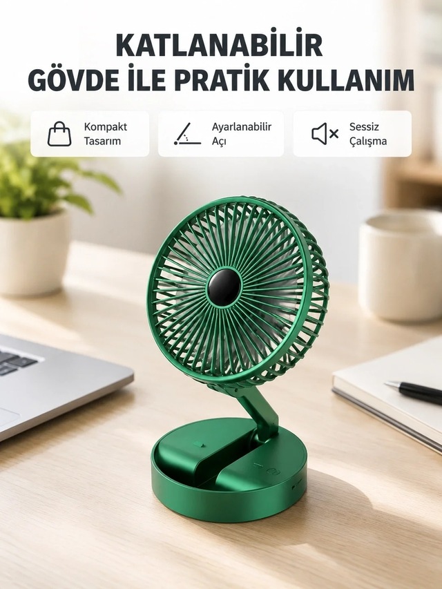 Ers Şarjlı Katlanabilir Mini Fan 3 Kademe Hız Ayarı, Taşınabilir Tasarım