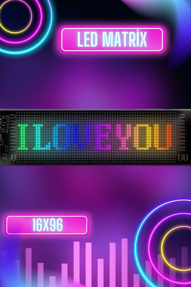 Led Matrix Bluetooth Bağlantılı Araç Camına Uygun Pixsel Görünümlü 16x96