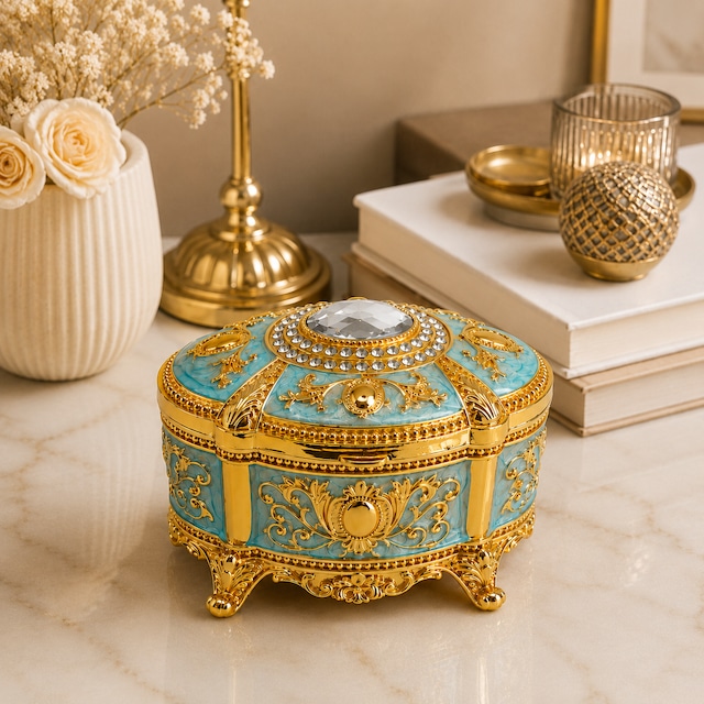 Kristal Taşlı Oval Mücevher Kutusu Kadife İç Kaplamalı Gold İşlemeli Takı Kutusu Dekoratif Saklama Kutusu Turkuaz