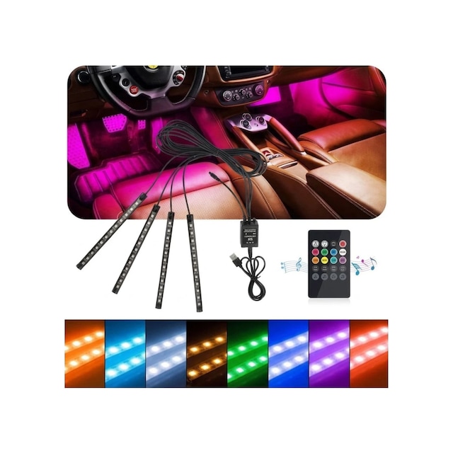 12v Araç İçi Ses Sensörlü Ayak Altı Led Aydınlatma Çok Renkli Rgb Kumandalı 4lü Set Esnek Şerit