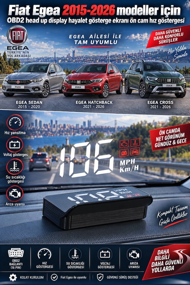 Fiat Egea 2015-2026 Modeller İçin Obd2 Head Up Display Hayalet Gösterge Ekranı Ön Cam Hız Göstergesi