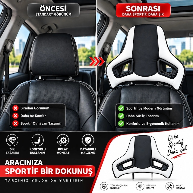 Universal Araç Koltuk Kafalığı Spor Yarış Tipi Lüx Deri Oto Başlık-beyaz