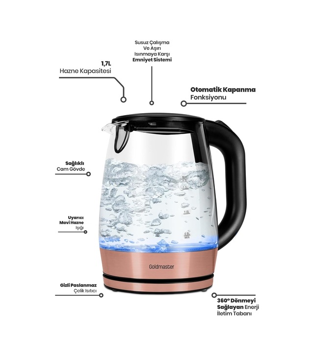 Honey Su Isıtıcı, 1.7 L, Pembe, Cam, Kettle, 220-240v, Rose Gold, 2200w