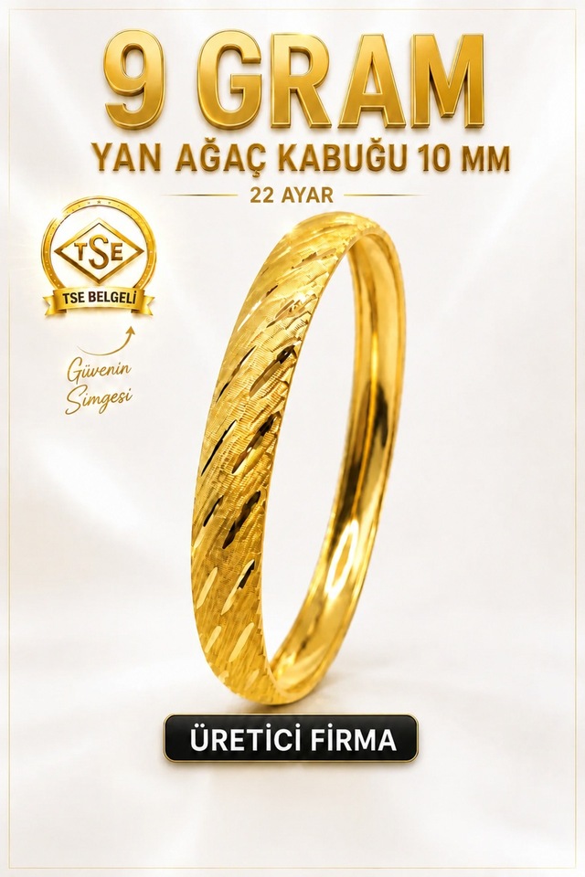 22 Ayar Tse Belgeli 9 Gram Yan Ağaç Kabuğu Ajda Bilezik 10 Mm Gold Altın Bilezik Düğün Nişan