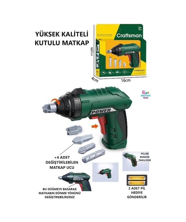 Oyuncak Pilli Kaliteli Matkap Tamir Seti Yeşil Renk 17 Cm.