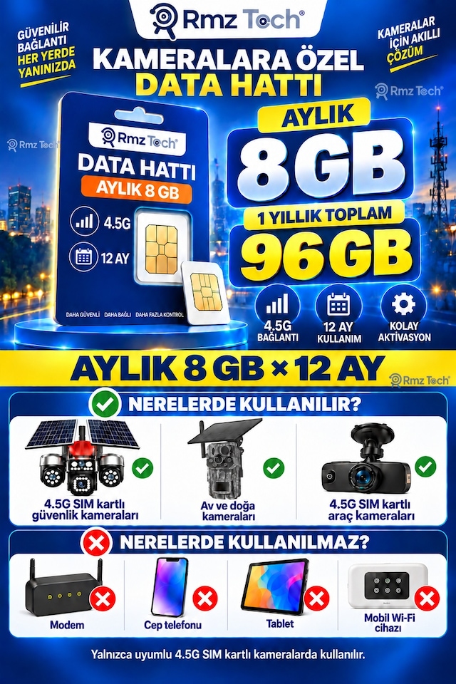 Rmztech 1 Yıllık Sım Kart Aylık 8 Gb İnternet Solar 4g Güvenlik Kameraları İçin