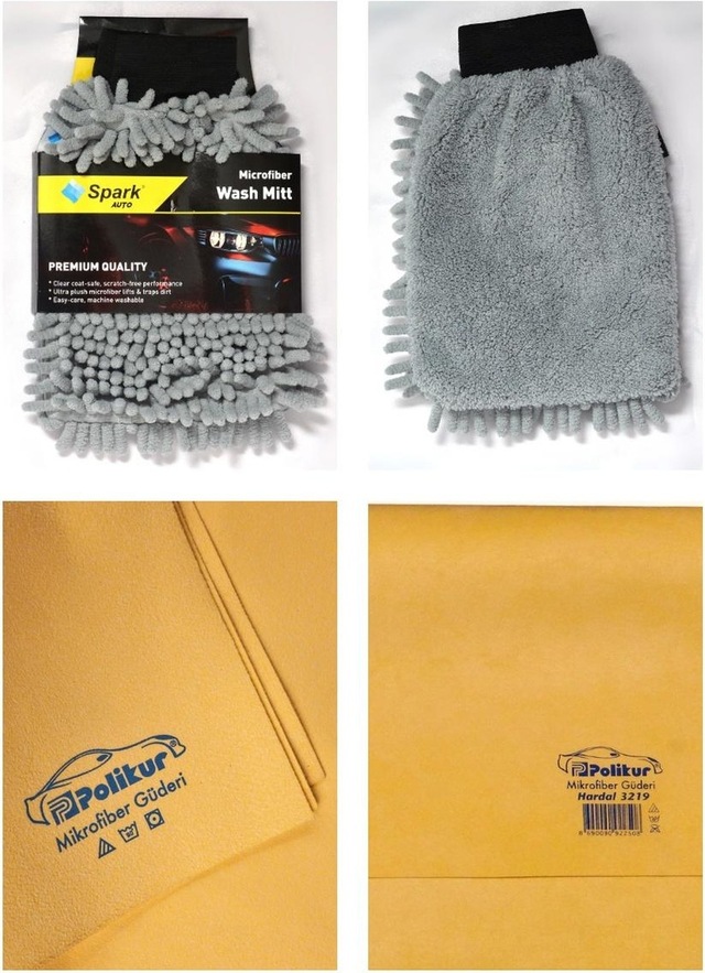 Spark 7050 Şönil Oto Temizlik Eldiveni & Polikur 3219 Mikrofiber Güderi Oto Kurulama Bezi 2'li Set