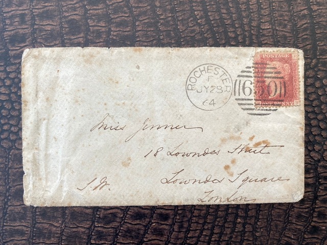 İngiltere Klasik Dönem 1864 Victoria Red Penny Pullu Zarf Rochester 650 Damgalı Çıkışlı Londra'ya Postalanmış Plate Number 87