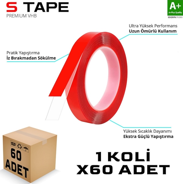 S-dizayn Çift Taraflı Bant 10mm X 5 Metre Şeffaf Silikon Vhb Bant 60'lı Koli A+kalite