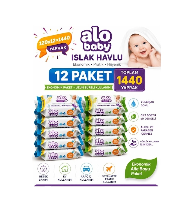 Alo Baby Ekopack Islak Havlu 120'li x 12 Paket Toplam 1440 Yaprak 12'li Set