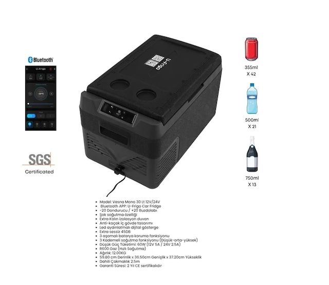 U-frigo Oto Buzdolabı Vesna Mono 30lt 12v/24v Kompresörlü Taşınabilir Model 30 Lt Hacim