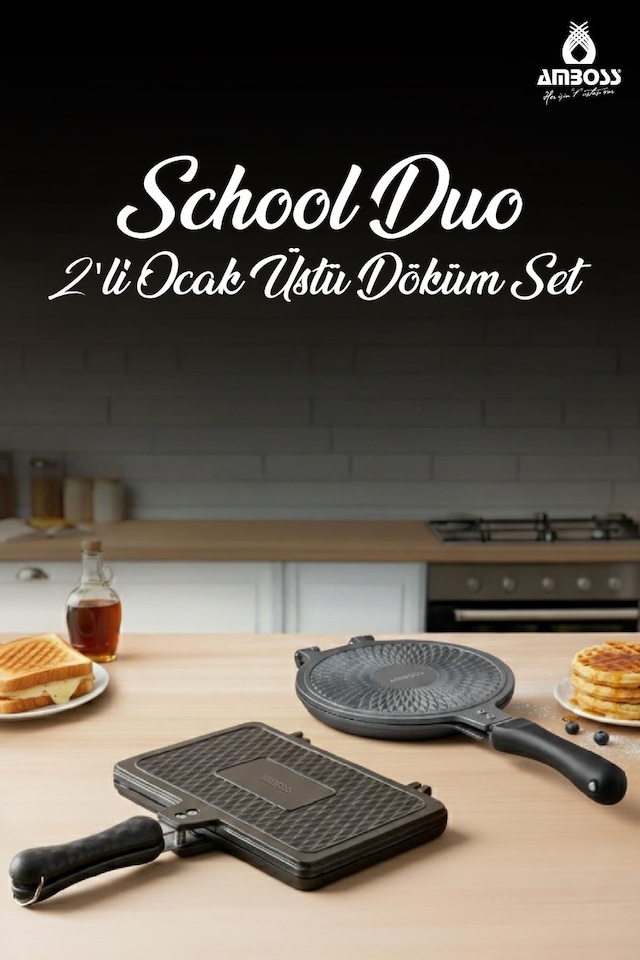 School Duo 2 Li Döküm Ocak Üstü Tost Waffle Tava Seti Siyah