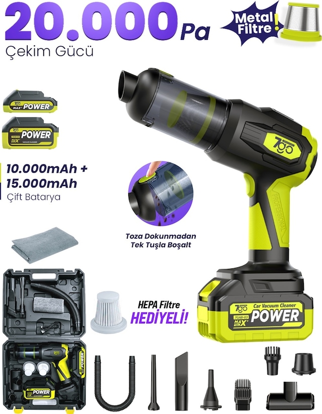 7go 7GAB-03 20.000PA Güçlü Emiş 25.000mAH Kablosuz Araç İçi Süpürge