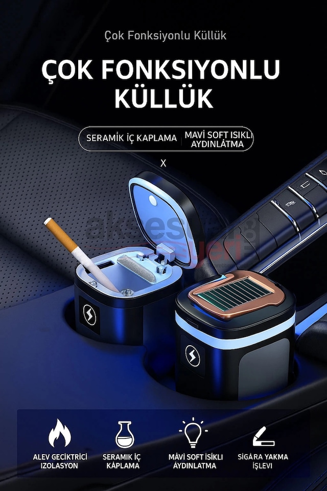 Araç İçi Küllük Lüks Güneş Enerjili Çakmaklı Seramik Deri Detaylı Premium Model