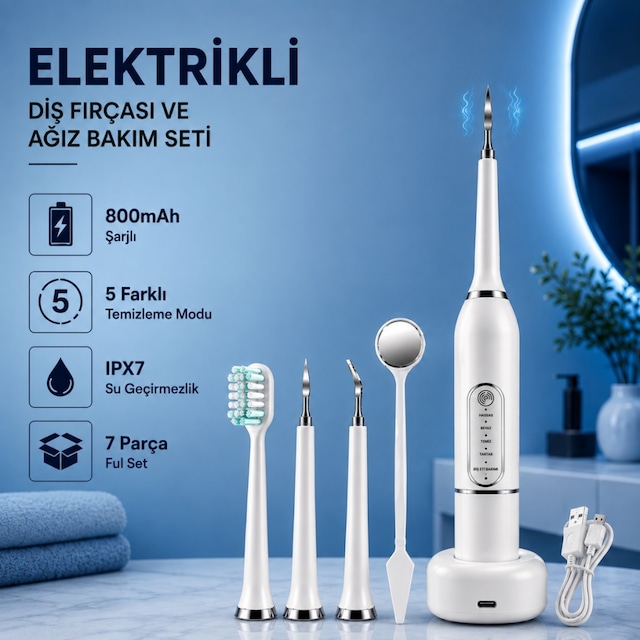 Şarjlı Diş Fırçası Diş Taşı Ve Plak Temizleyici 7 Parça Ağız Bakım Seti 5 Modlu Ipx7 Diş Tartar Seti