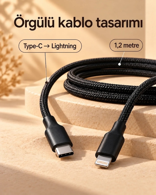 Ers Type C Lightning Örgülü Şarj Ve Veri Kablosu 2 Metre