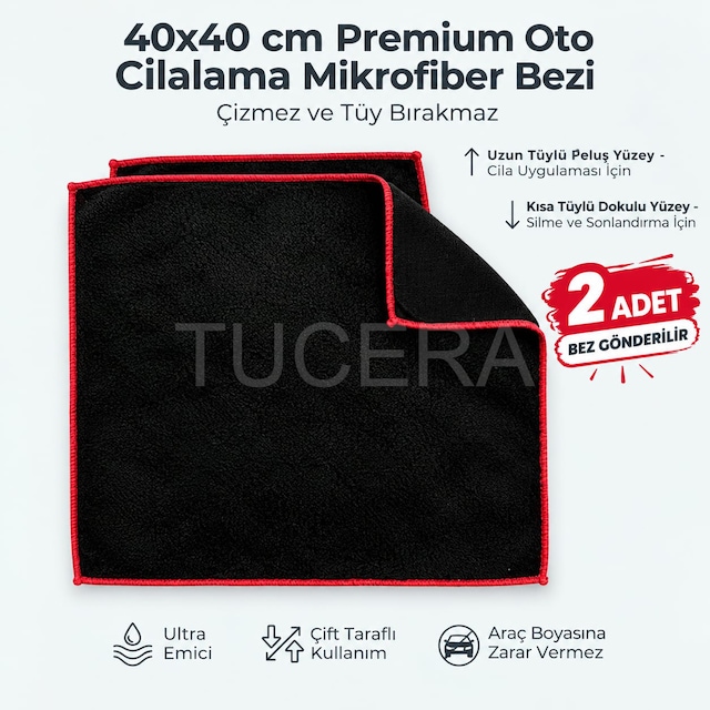 Tucera Çift Taraflı Yumuşak Dokulu Oto Cilalama Ve Kurulama Mikrofiber Bezi Çizmez 2 Adet 40x40
