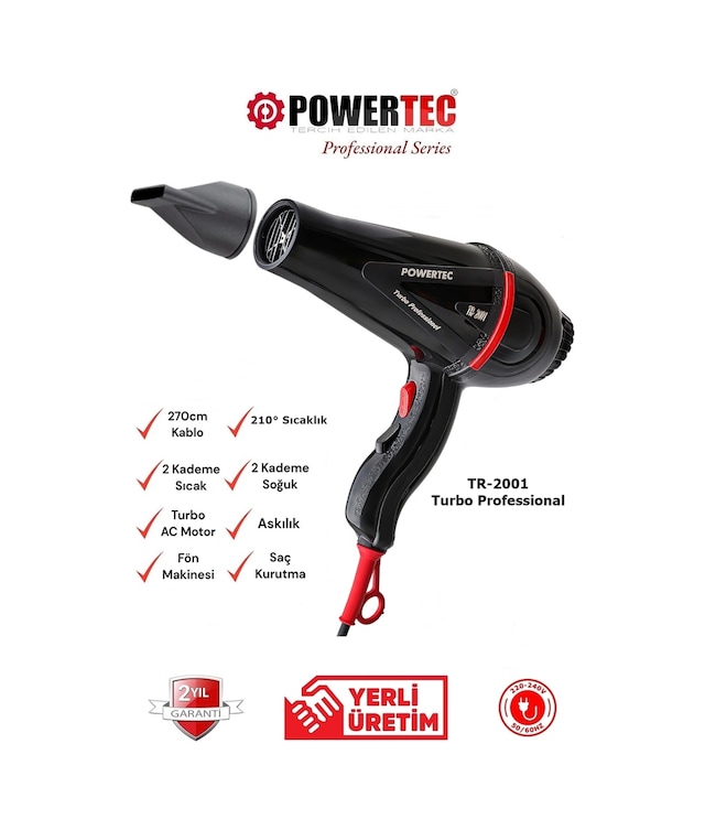 Powertec TR-2001 Profesyonel Saç Kurutma Fön Makinesi 2500W Siyah