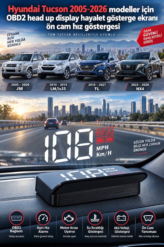 Hyundai Tucson 2005-2026 Modeller İçin Obd2 Head Up Display Hayalet Gösterge Ekranı Ön Cam Hız Göstergesi