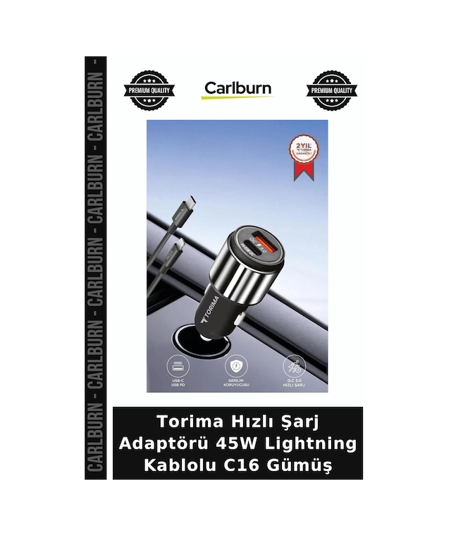 Torima Hızlı Şarj Adaptörü 45w Lightning Kablolu C16 Gümüş Tamamlayıcı Teknik Parça Enerji Kaynağı