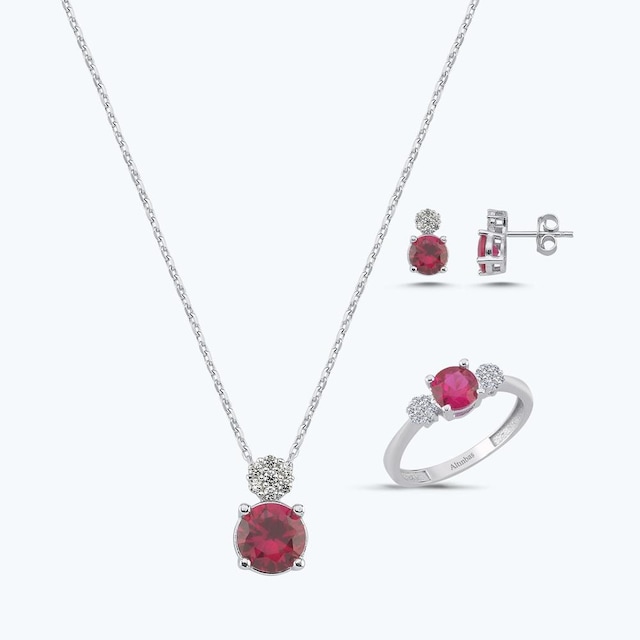 Altınbaş Kırmızı Taşlı Altın Üçlü Set Autk0034-b-24627-k-set