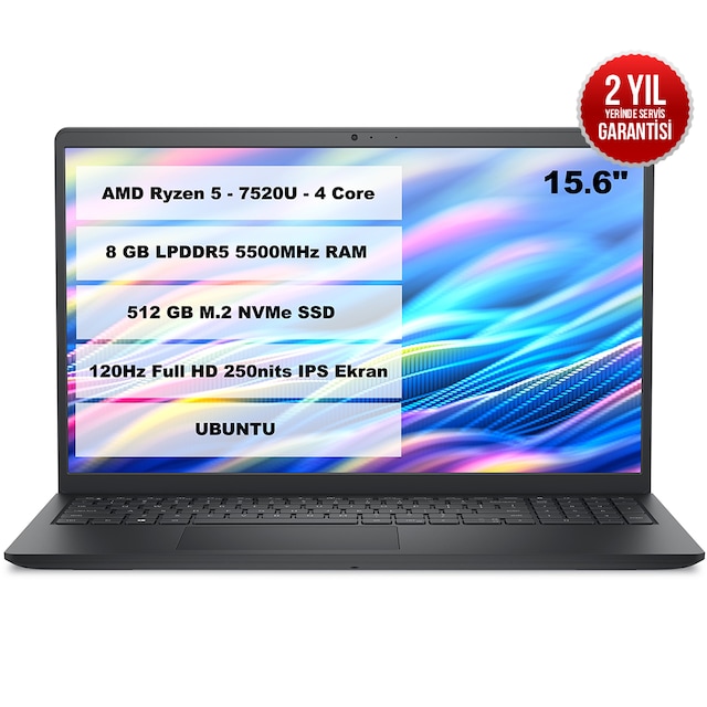 Dell Pro 15 Essential PV15255 R5-7520U 8 GB 512 GB SSD 15.6" FHD Ubuntu Dizüstü Bilgisayar