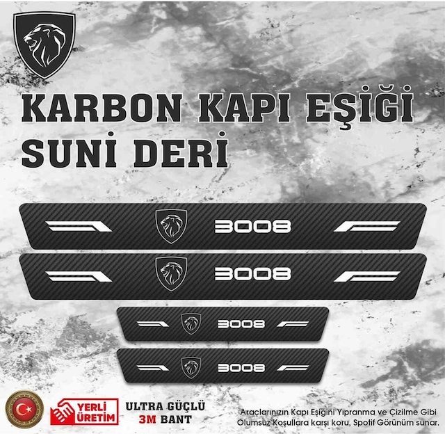Peugeot 3008 Uyumlu Deri Karbon Kapı Eşiği Koruyucu Bant 4 Adet