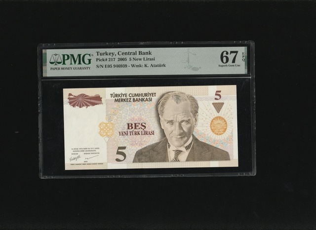 Beş Yeni Türk Lirası 5 Ytl P217 2005 Pmg 67 Epq Superb Gem Unc S/n E05 946939 8.ems 1.t