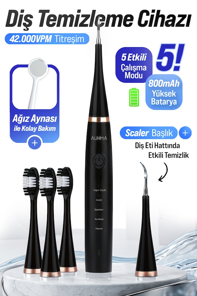 Auhma Amf14 Ultrasonik Diş Temizleme Cihazı Siyah 42.000 Titreşim/dk 5 Mod Ipx8 Su Geçirmez