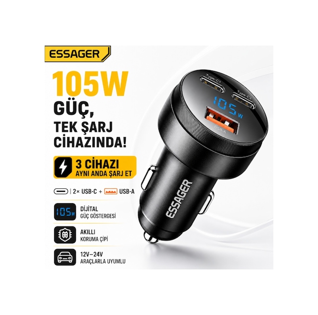 Essager 105w Araç İçi Hızlı Şarj Cihazı 3 Port 2 Type-c Usb Pd Dijital Ekranlı Çakmaklık Adaptörü