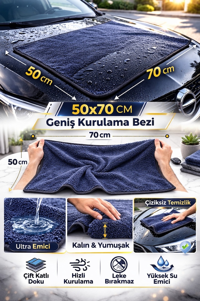 50x70 Cm Kirpi Bez Oto Kurulama Bezi Çift Kat Ultra Emici Mikrofiber Bez Biyeli