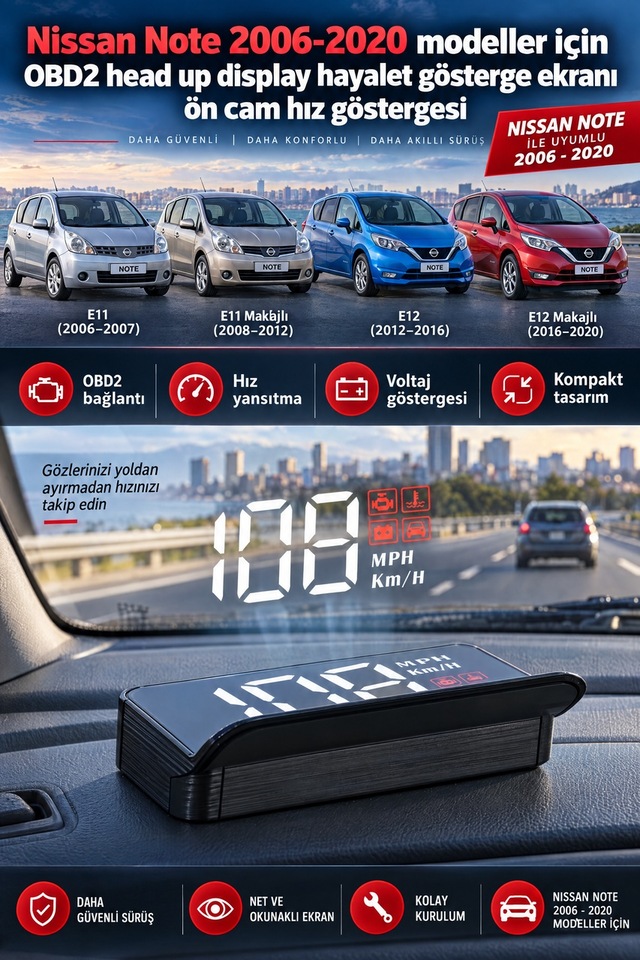 Nissan Note 2006-2020 Modeller İçin Obd2 Head Up Display Hayalet Gösterge Ekranı Ön Cam Hız Göstergesi