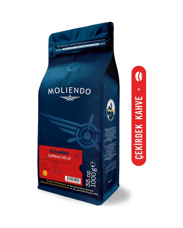 Moliendo Colombia Supremo Decaf Kafeinsiz Çekirdek Yöresel Kahve 1 KG