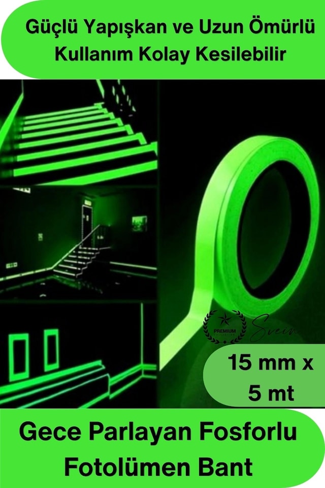 Fosforlubant Gece Parlayan Fosforlu Fotolümen Bant 15mm X 5 Metre Kendinden Yapışkanlı Acil Çıkış Y