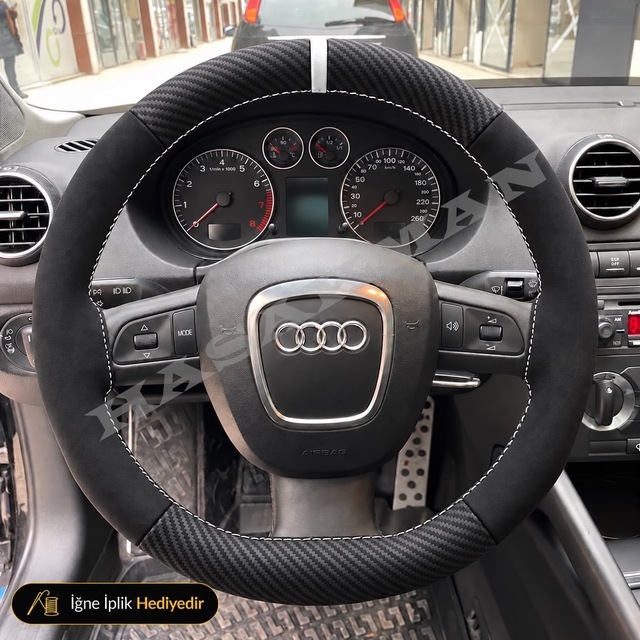 Audi A3 8p Dikme Direksiyon Kılıfı Alcantara Süet Mat Karbon Beyaz Yüzük Ve Dikiş 3 Kollu Tuşlu 2005-2008