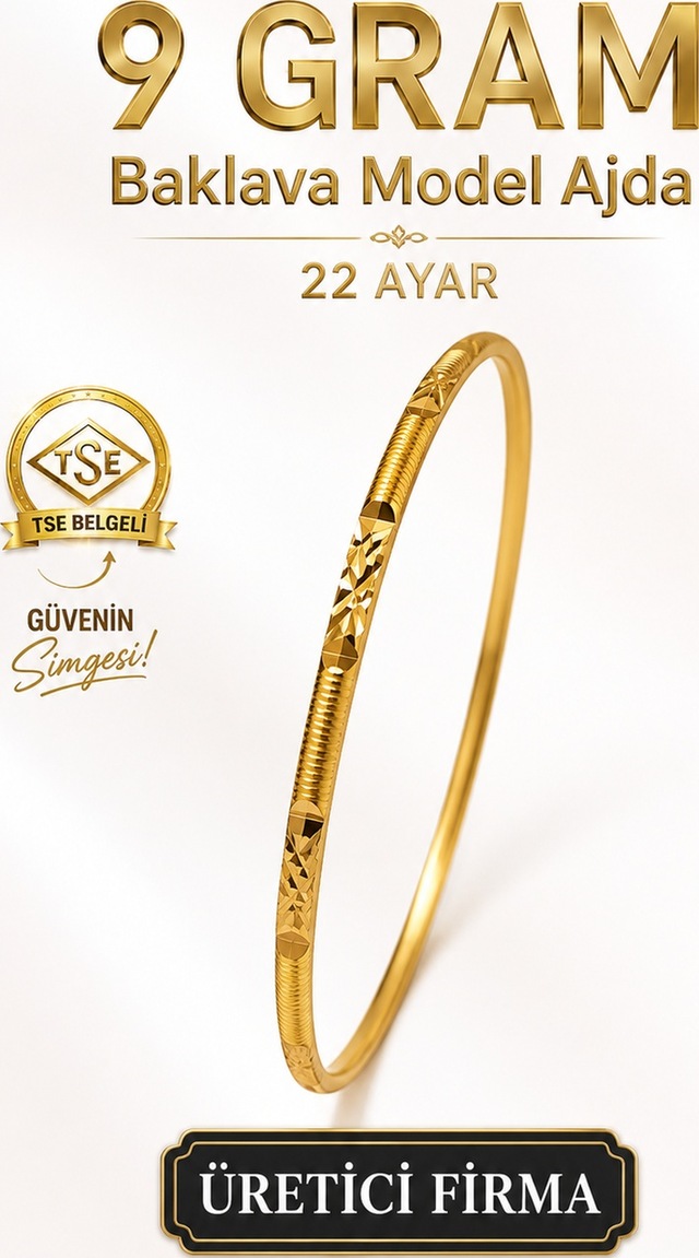 22 Ayar Tse Belgeli 9 Gram Baklava Model Ajda Altın Bilezik İşçiliksiz