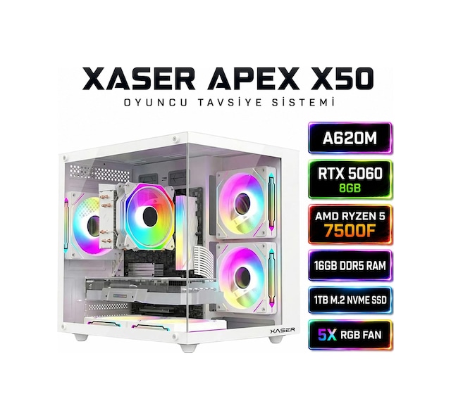 Xaser Apex-X50 Beyaz Ryzen 5 7500F RTX 5060 16GB RAM 1TB SSD