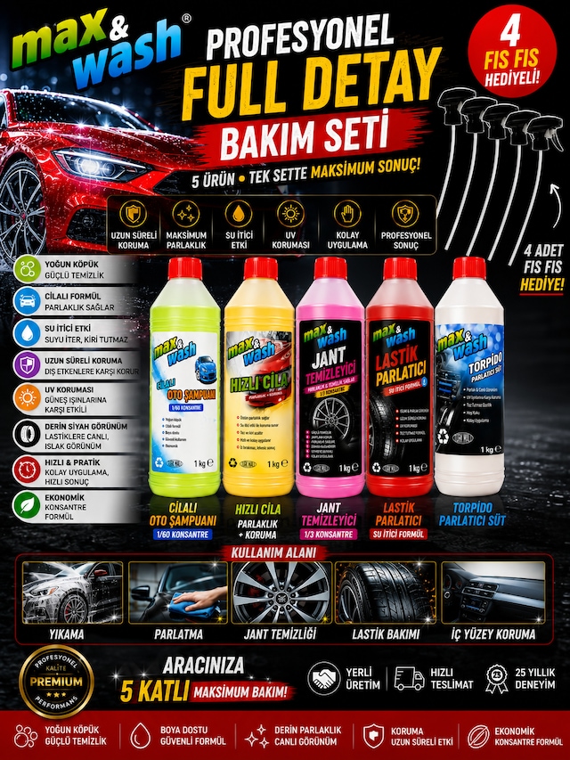 Max&wash 5'li Profesyonel Full Detay Bakım Seti Cilalı Oto Şampuan + Hızlı Cila + Jant Temizleyici + Lastik Parlatıcı + Torpido Parlatıcı 4 Fıs Fıs Hediyeli
