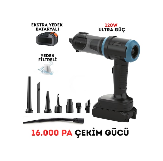 Pro Çift Bataryalı 120w Şarjlı 16000pa Araç İçi Süpürge