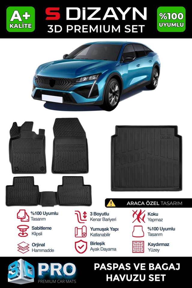 S-dizayn Peugeot 408 3d Pro Havuzlu Paspas Ve Bagaj Havuzu Seti 2'li Set 2023 Üzeri A+ Kalite