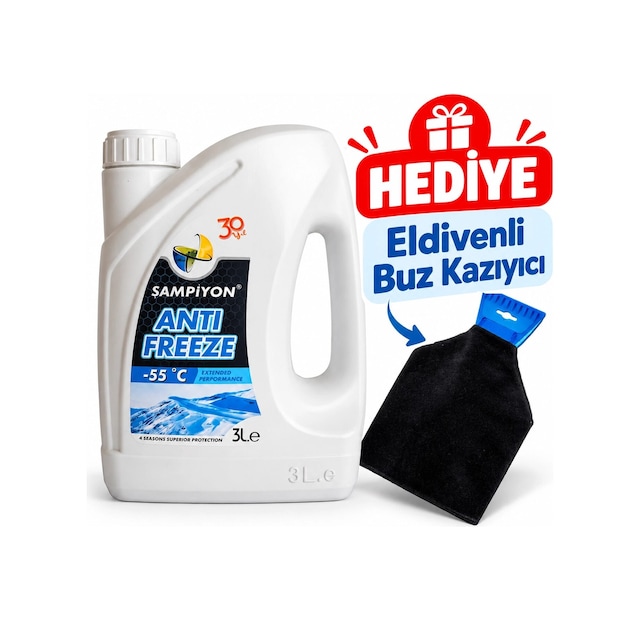 Şampiyon Süper Antifriz -55 C Mavi Antifriz 3 Lt. - Eldivenli Buz Kazıyıcı Hediyeli