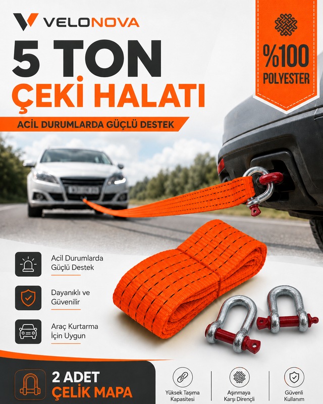 5 Ton Çekme Halatı 3 Metre 5 Cm 2 Adet Omega Kilitli Çelik Mapa Ce Belgeli %100 Polyester Araç Kurtarma Halatı Kırmızı