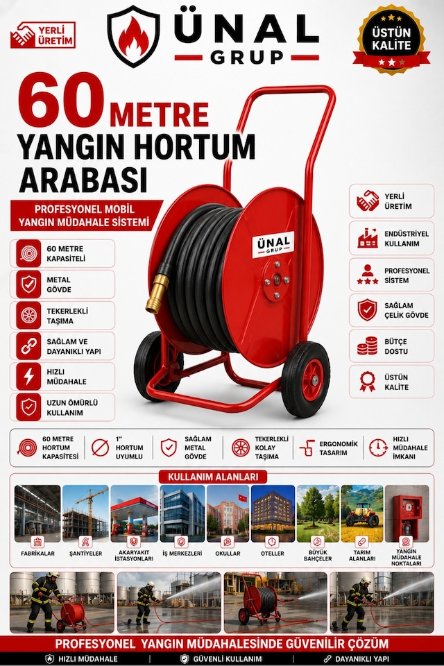 60 Metre Yangın Hortum Arabası Tekerlekli Metal Hortum Sarma Makarası Mobil Yangın
