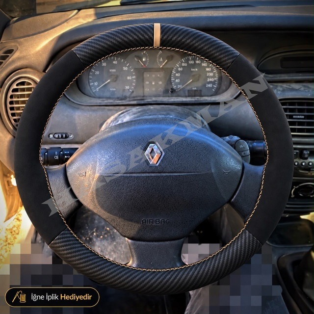 Renault Clio 2 Dikme Direksiyon Kılıfı Alcantara Süet Mat Karbon Bej Yüzük Ve Dikiş Ilk Cikan On Rxt-dolu 1998-2001