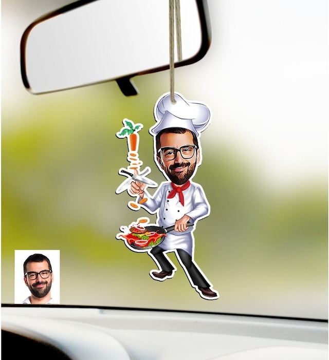 Kişiye Özel Bay Chef Karikatürlü Ahşap Araba Dikiz Ayna Süsü-1