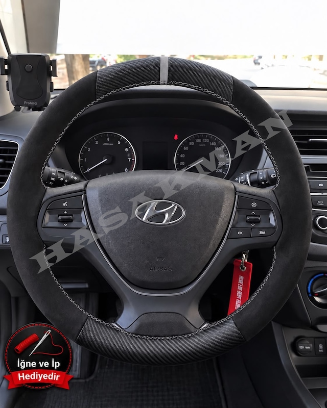 Hyundai İ20 Dikme Direksiyon Kılıfı Alcantara Süet Mat Karbon Gri Yüzük Ve Dikiş 2014-2020 Siyah