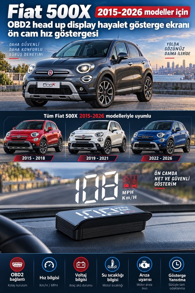 Fiat 500x 2015-2026 Modeller İçin Obd2 Head Up Display Hayalet Gösterge Ekranı Ön Cam Hız Göstergesi