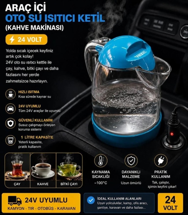 Vezir Vzr-10 Araç İçi Su Isıtıcı Otomatik Rezistanslı Kahve Makinesi Kettle 1 Lt 24 Volt