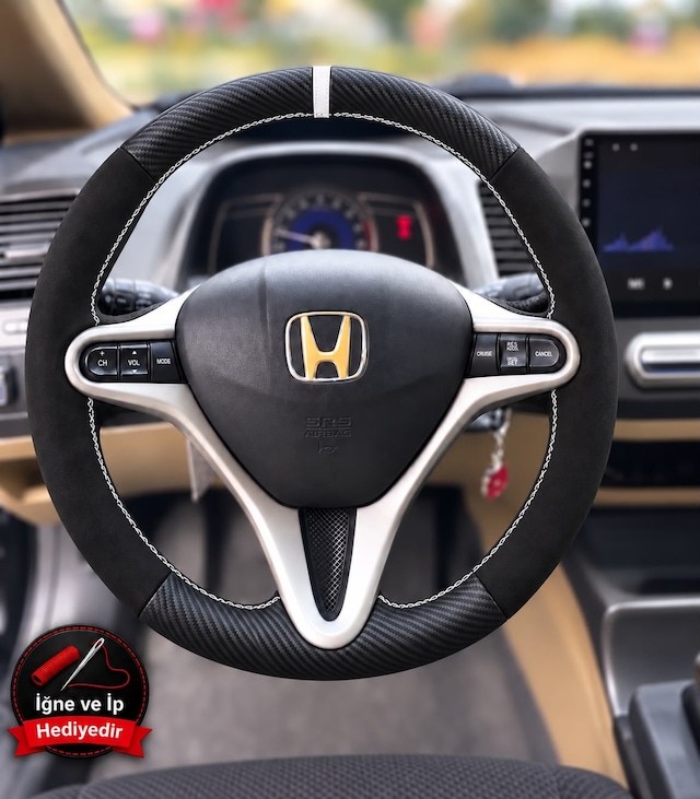 Honda Cr-v Mk3 Dikme Direksiyon Kılıfı Alcantara Süet Mat Karbon Beyaz Yüzük Ve Dikiş 2007-2012
