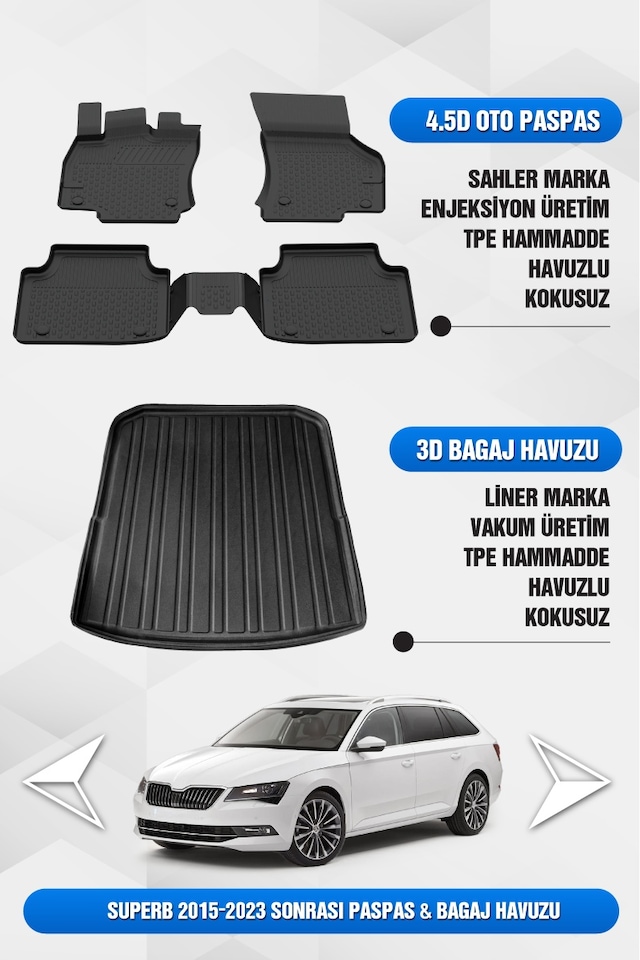 Sahler Skoda Superb 2015-2023 Uyumlu 4.5d Premium Havuzlu Oto Paspas Ve Liner Marka 3d Bagaj Havuzu